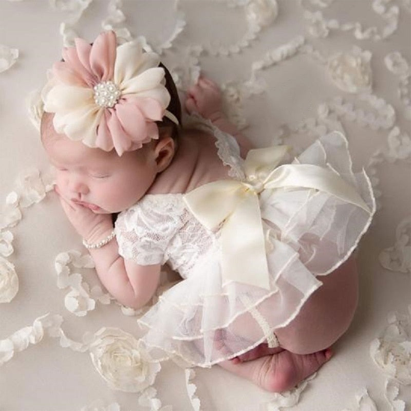 Lace Bowknot Skirt with Flower Headband for Newborn Infant Girls